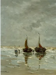 Bäume und Fischerleute am Strand